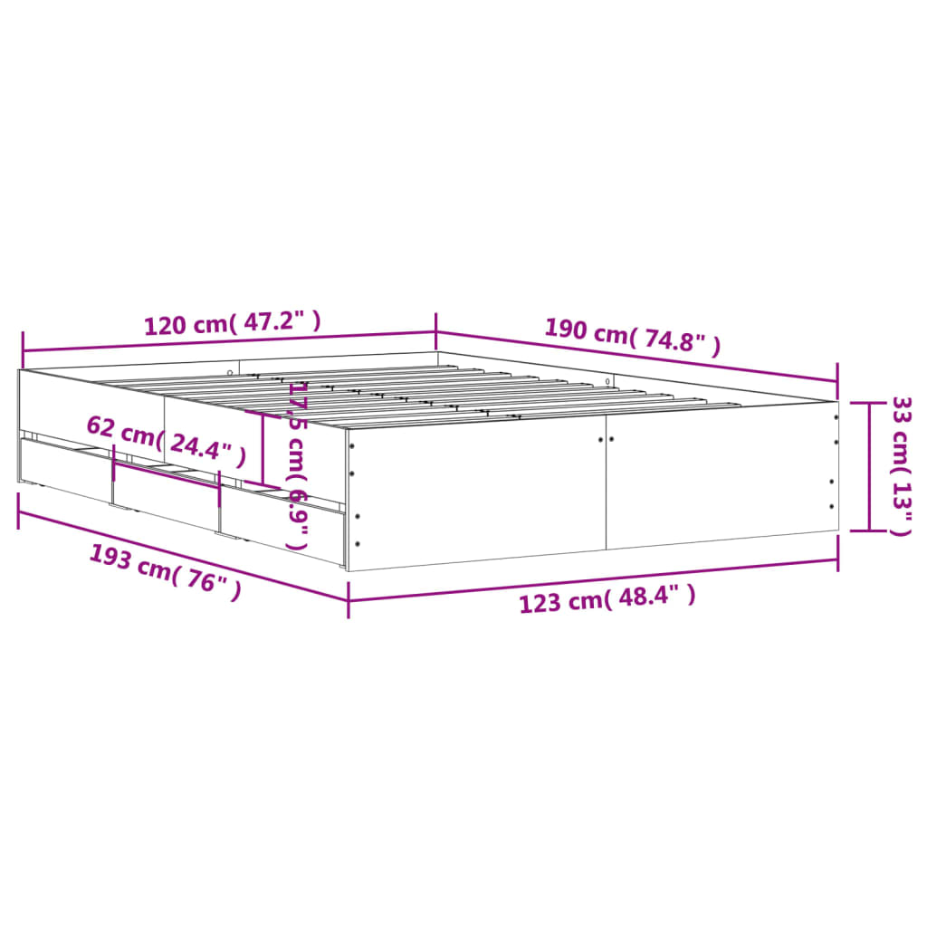 Cadre de lit avec tiroirs sans matelas blanc 120x190 cm