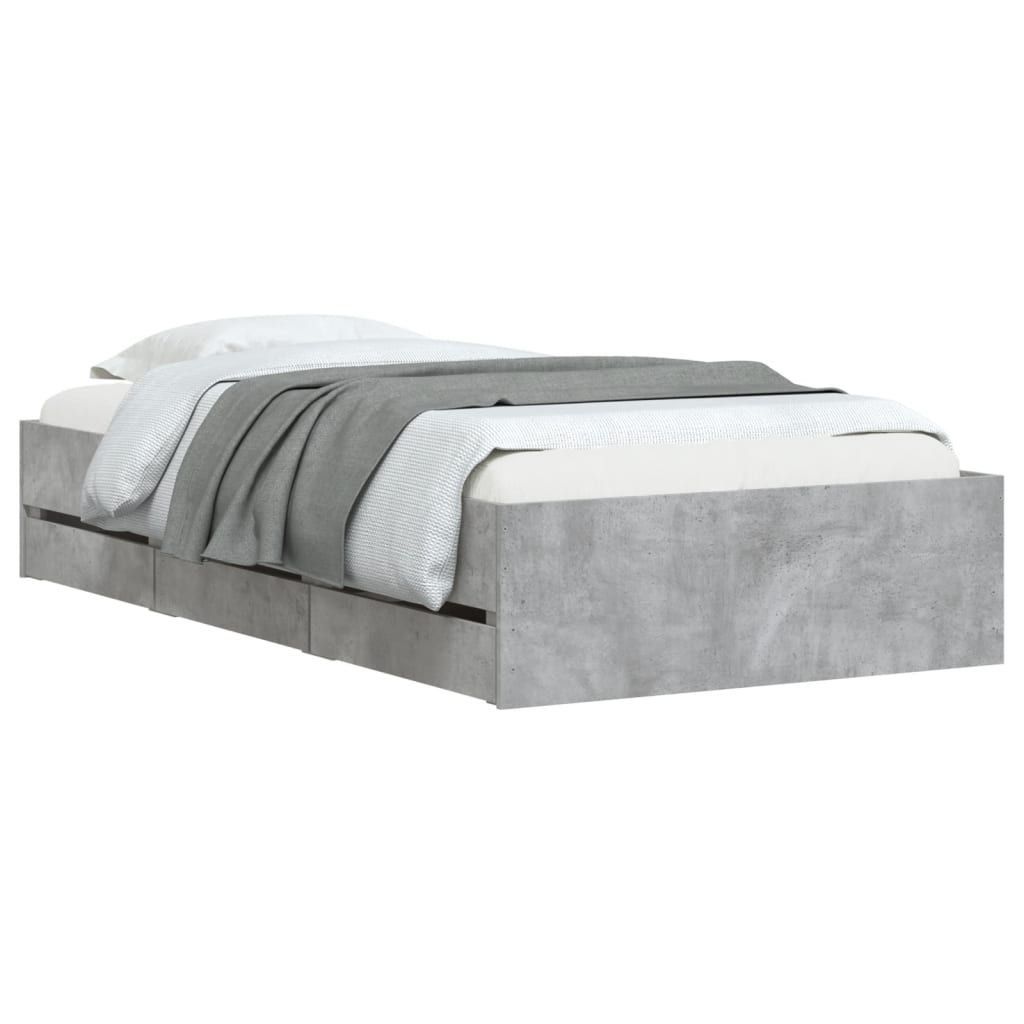 Cadre de lit avec tiroirs sans matelas gris béton 75x190 cm