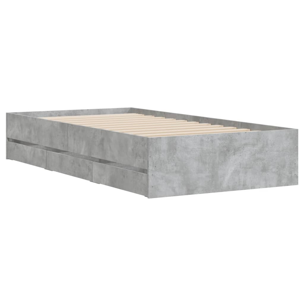 Cadre de lit avec tiroirs sans matelas gris béton 75x190 cm