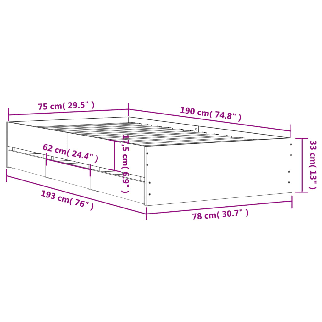 Cadre de lit avec tiroirs sans matelas sonoma gris 75x190 cm