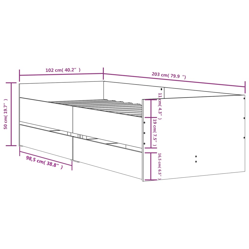 Cadre de lit avec tiroirs sans matelas sonoma gris 100x200 cm