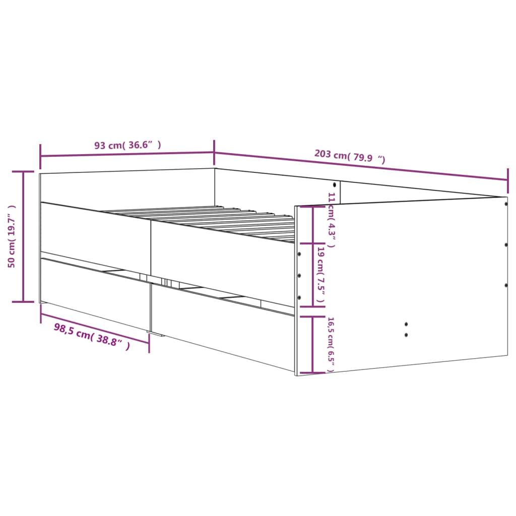 Cadre de lit avec tiroirs sans matelas blanc 90x200 cm