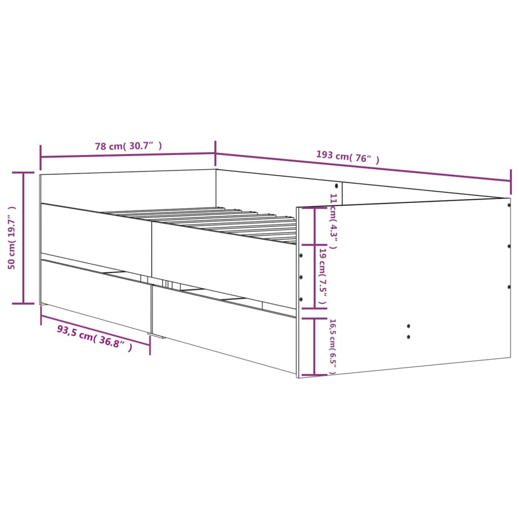 Cadre de lit sans matelas noir 75x190 cm