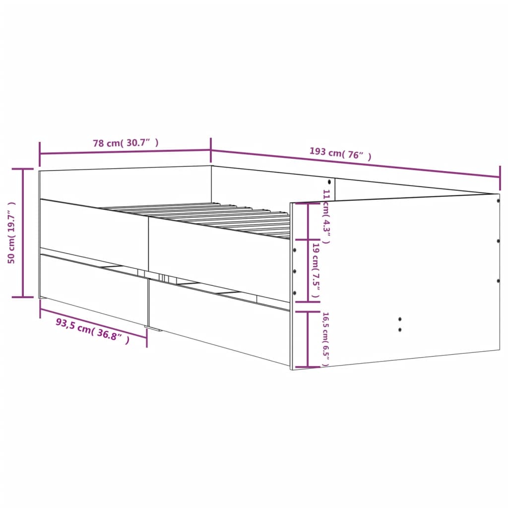 Cadre de lit sans matelas gris béton 75x190 cm