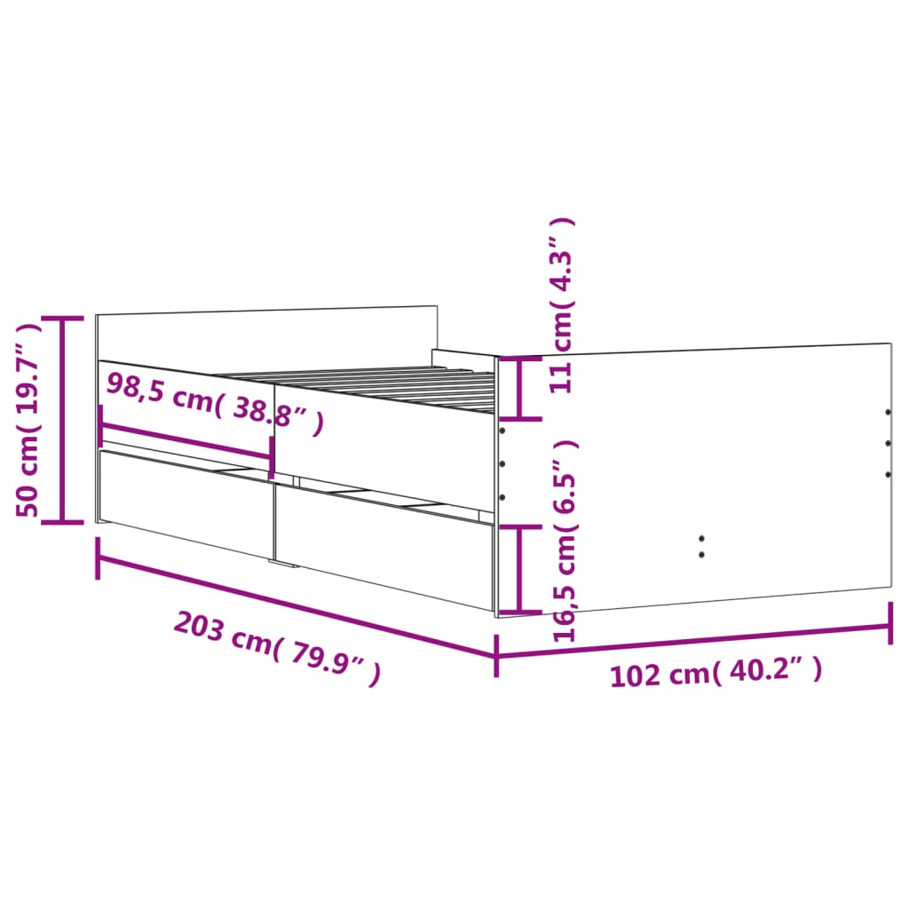 Cadre de lit avec tiroirs sans matelas gris béton 100x200 cm