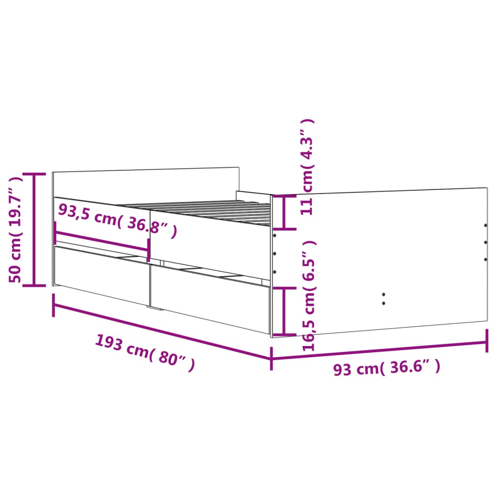 Bed frame with drawers without mattress concrete gray 90x190 cm