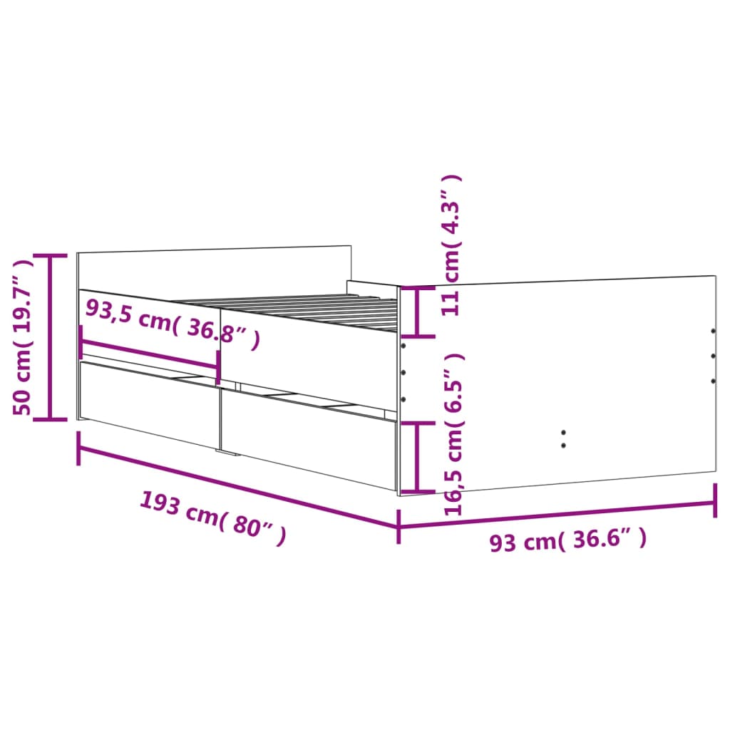 Cadre de lit avec tiroirs sans matelas sonoma gris 90x190 cm