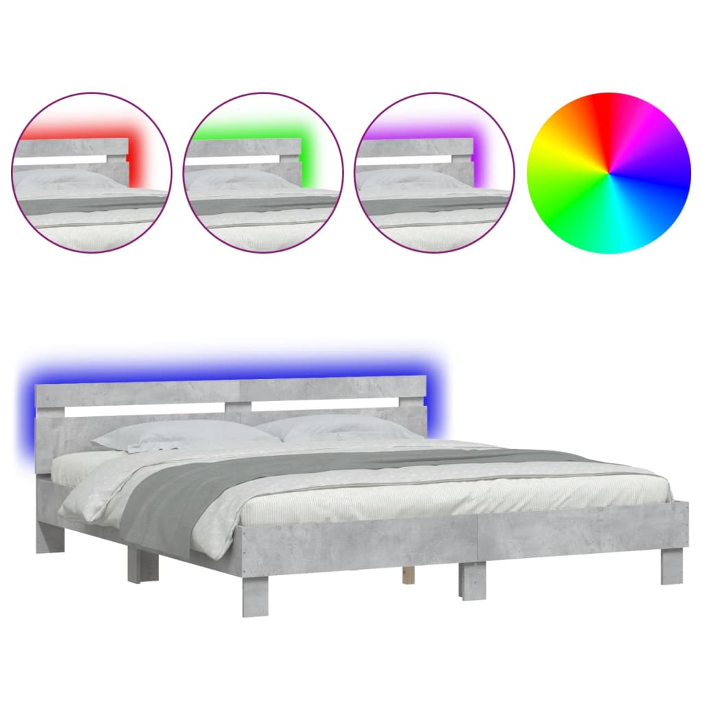 Cadre de lit avec LED sans matelas gris béton 200x200 cm