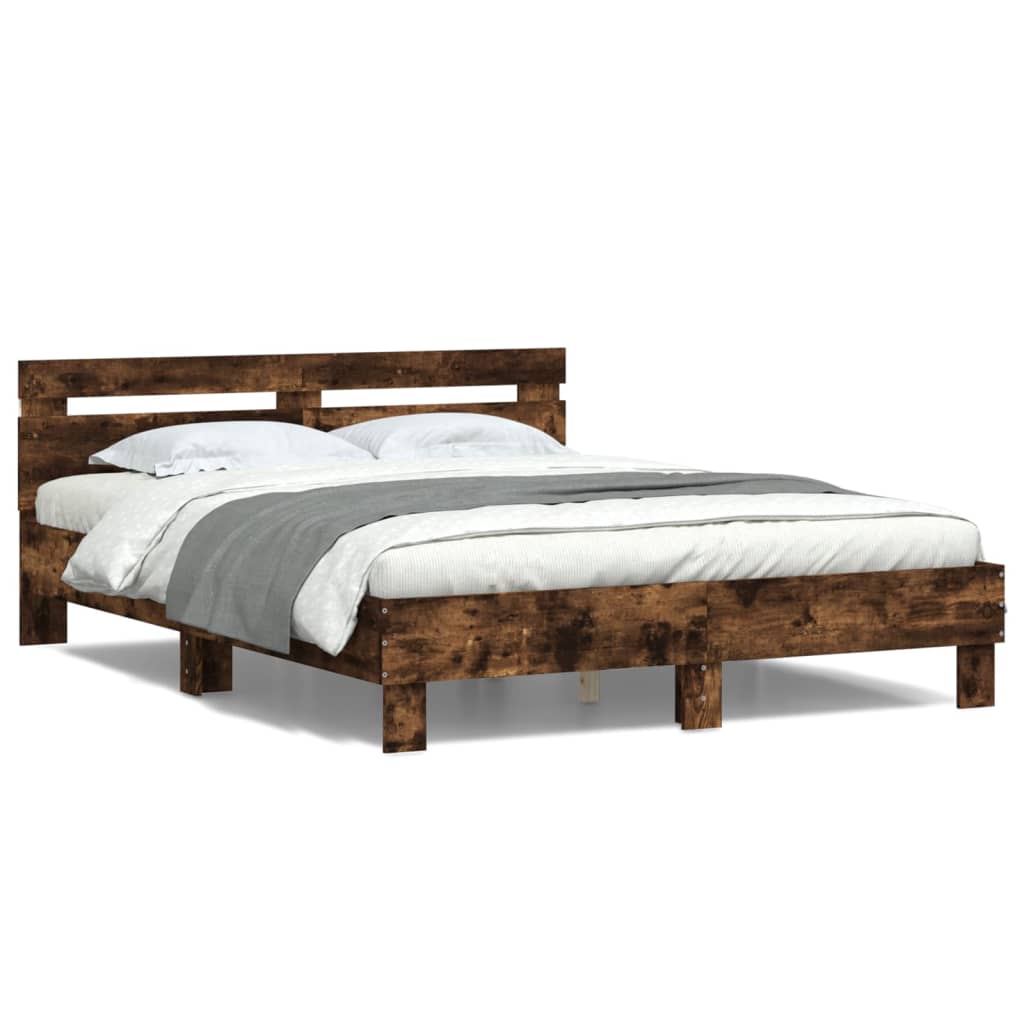 Bed frame with LED without mattress smoked oak 140x200 cm