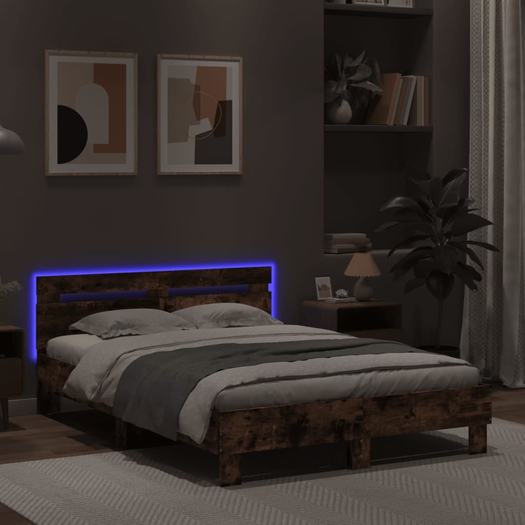 Bed frame with LED without mattress smoked oak 120x200 cm