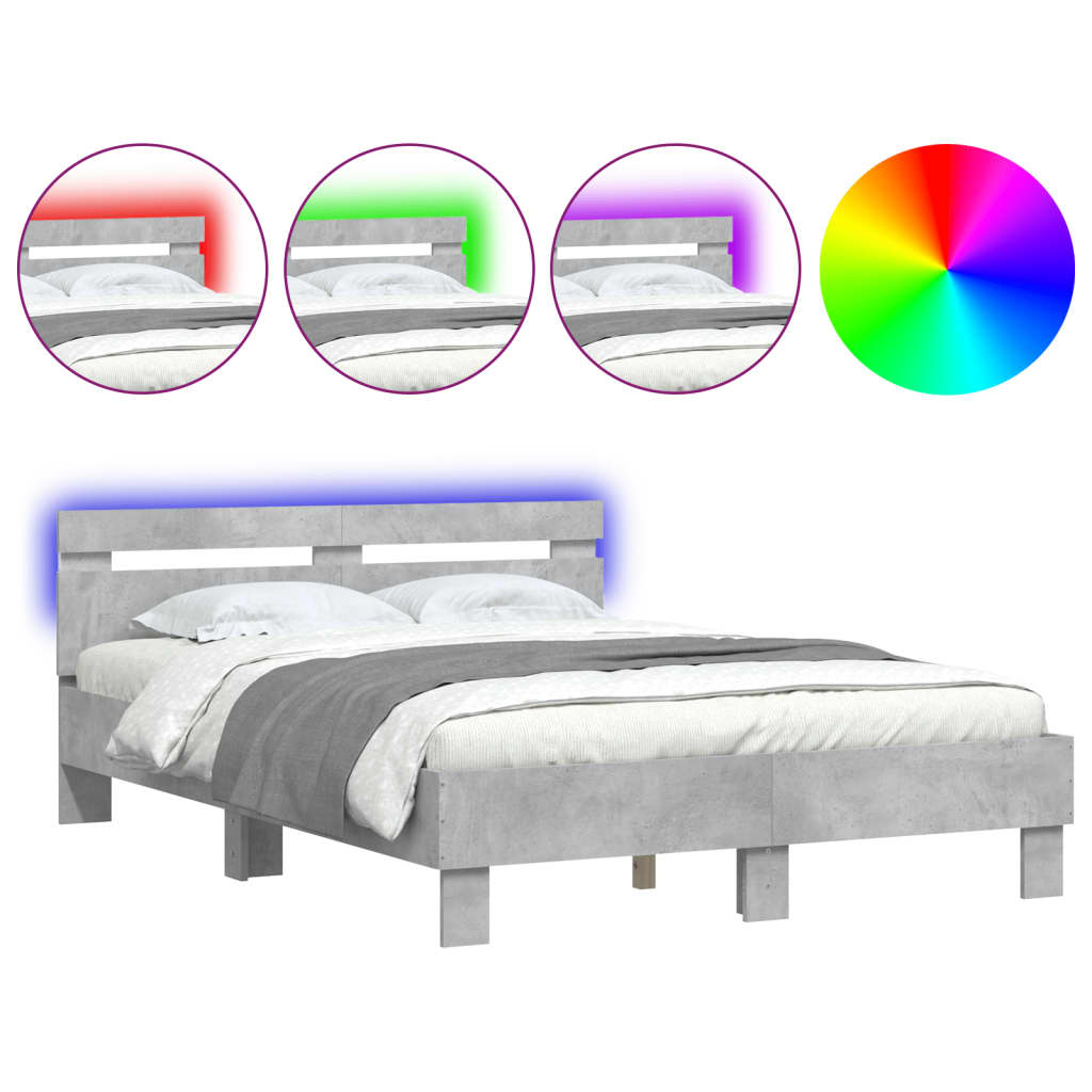 Cadre de lit avec LED sans matelas gris béton 135x190 cm