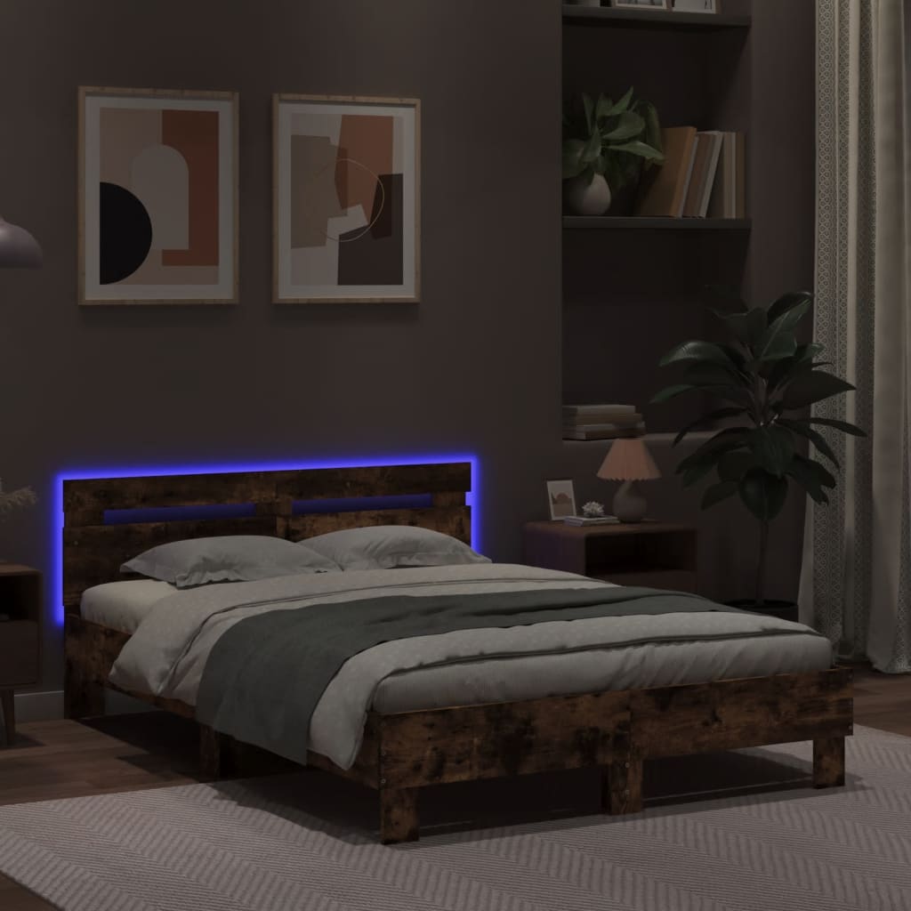 Cadre de lit avec LED sans matelas chêne fumé 135x190 cm