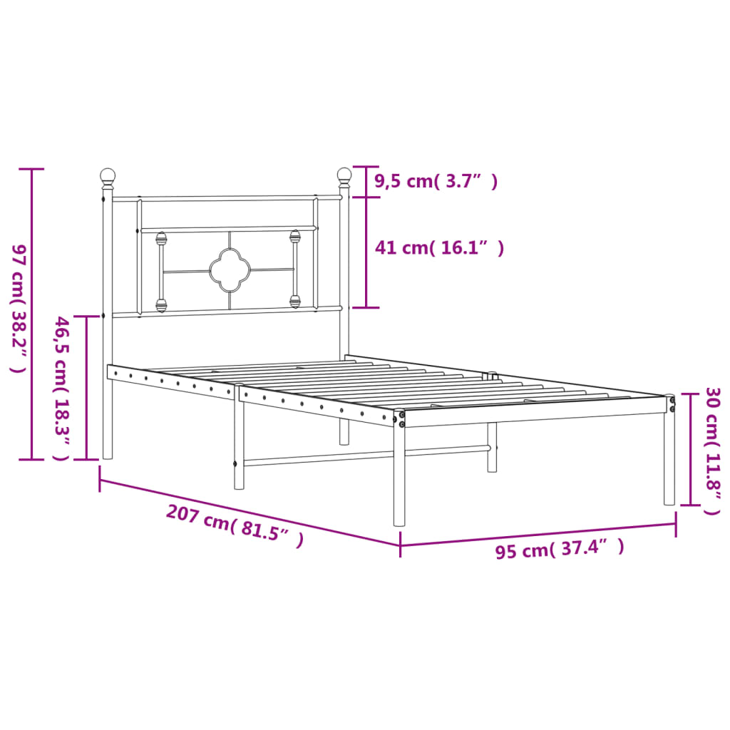 Cadre de lit métal sans matelas avec tête de lit noir 90x200 cm