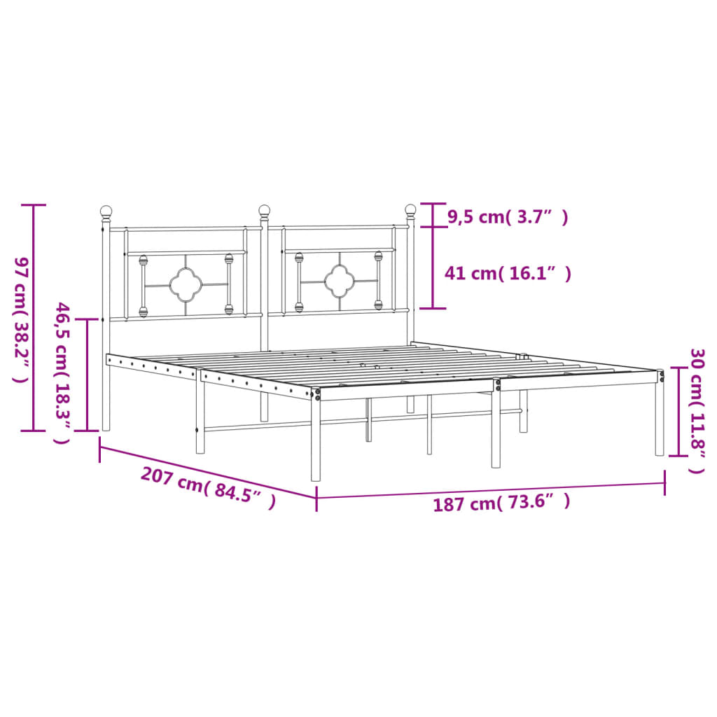 Metal bed frame without mattress and black headboard 180x200 cm