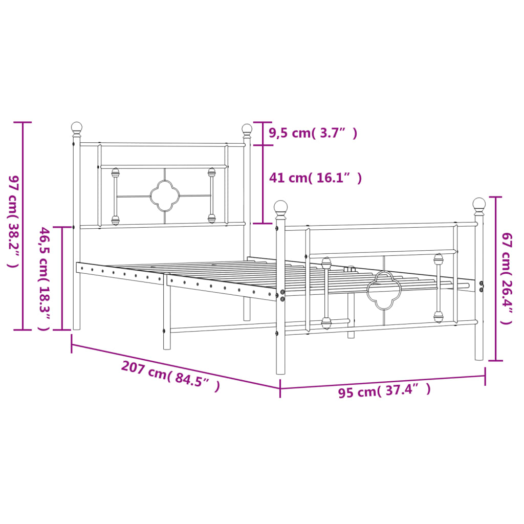 Cadre de lit métal sans matelas avec pied de lit noir 90x200 cm