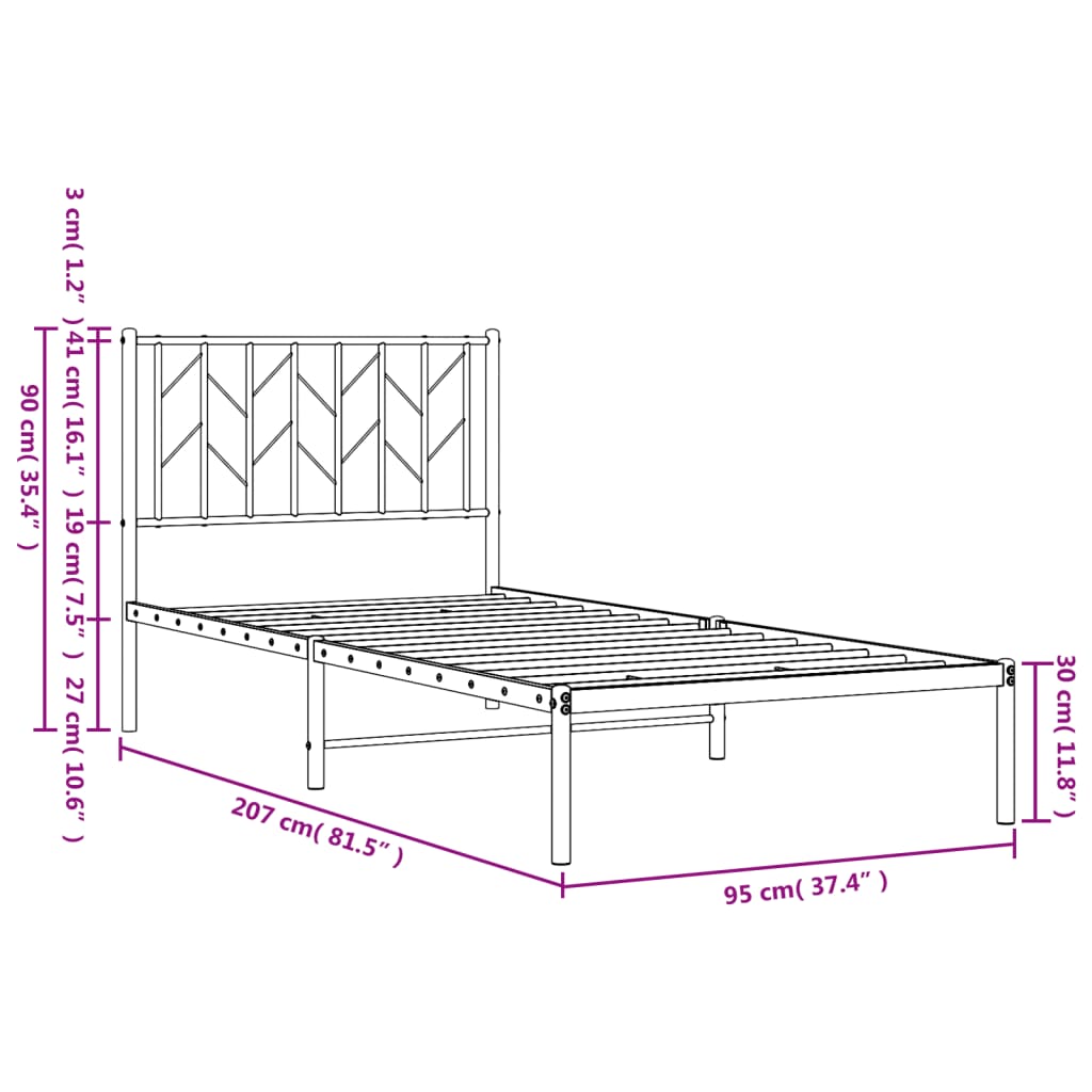 Cadre de lit métal sans matelas avec tête de lit blanc 90x200cm