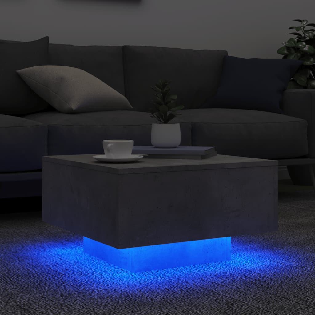 Table basse avec lumières LED gris béton 55x55x31 cm