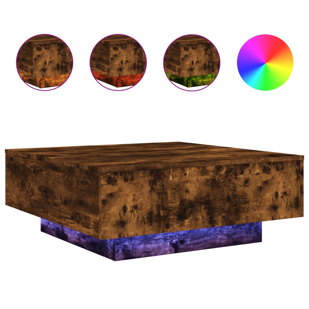 Table basse avec lumières LED chêne fumé 80x80x31 cm