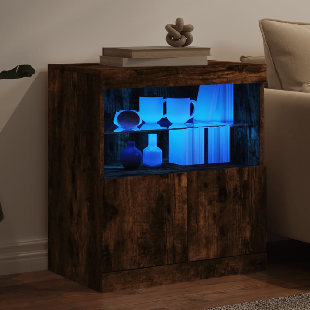 Sideboard with LED lights smoked oak 60x37x67 cm