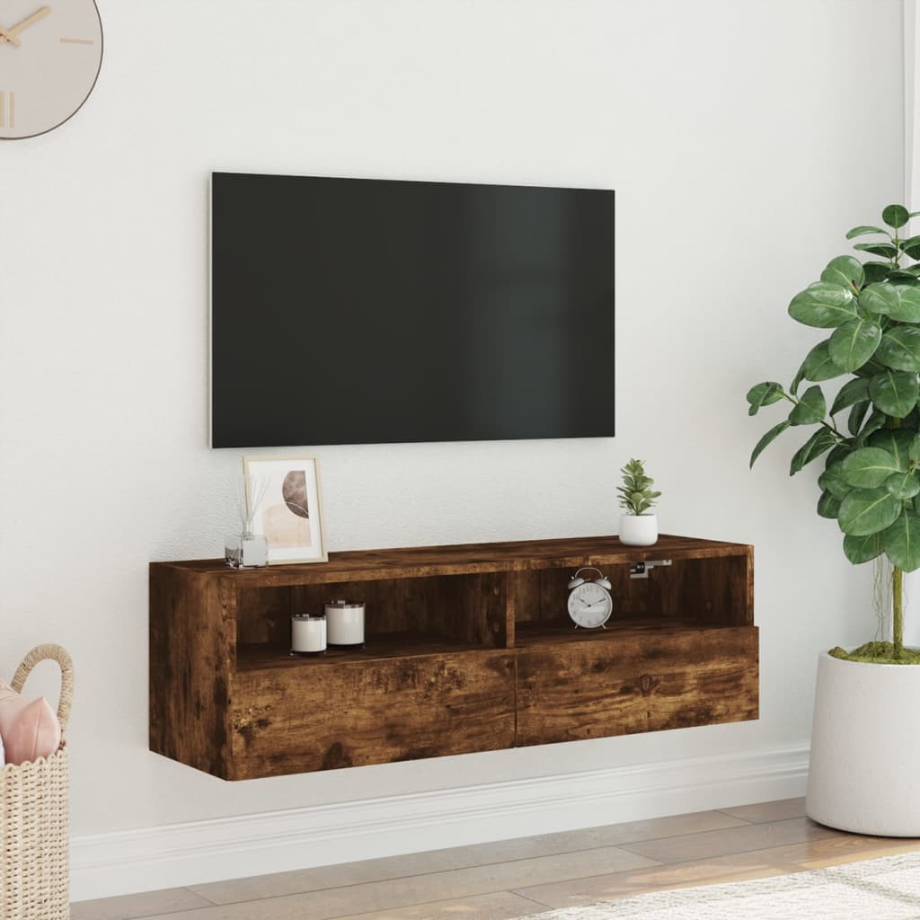 Meuble TV mural chêne fumé 100x30x30 cm bois d'ingénierie