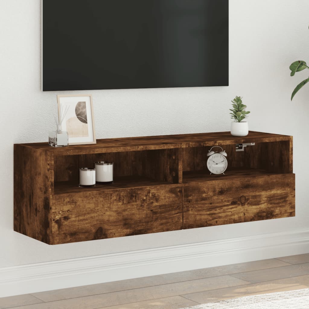 Meuble TV mural chêne fumé 100x30x30 cm bois d'ingénierie