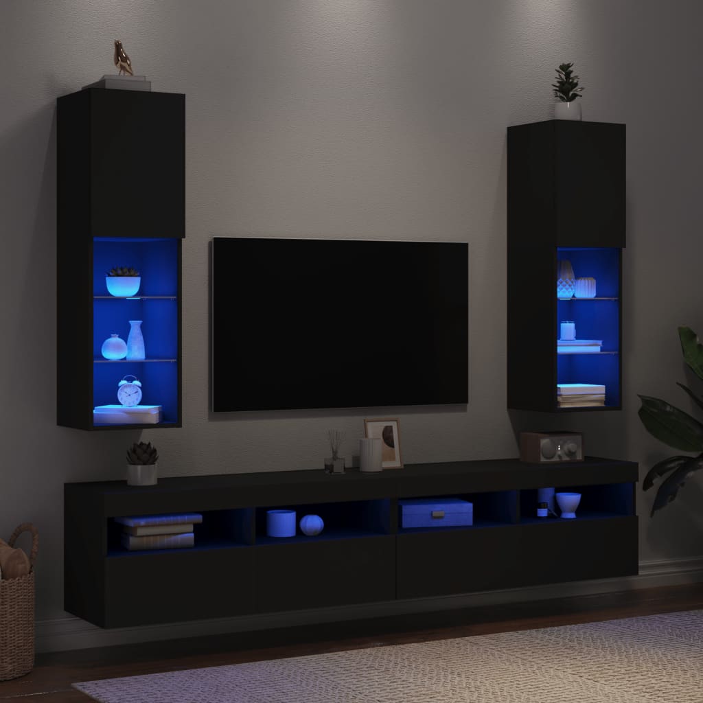 Meubles TV avec lumières LED 2 pcs noir 30,5x30x102 cm