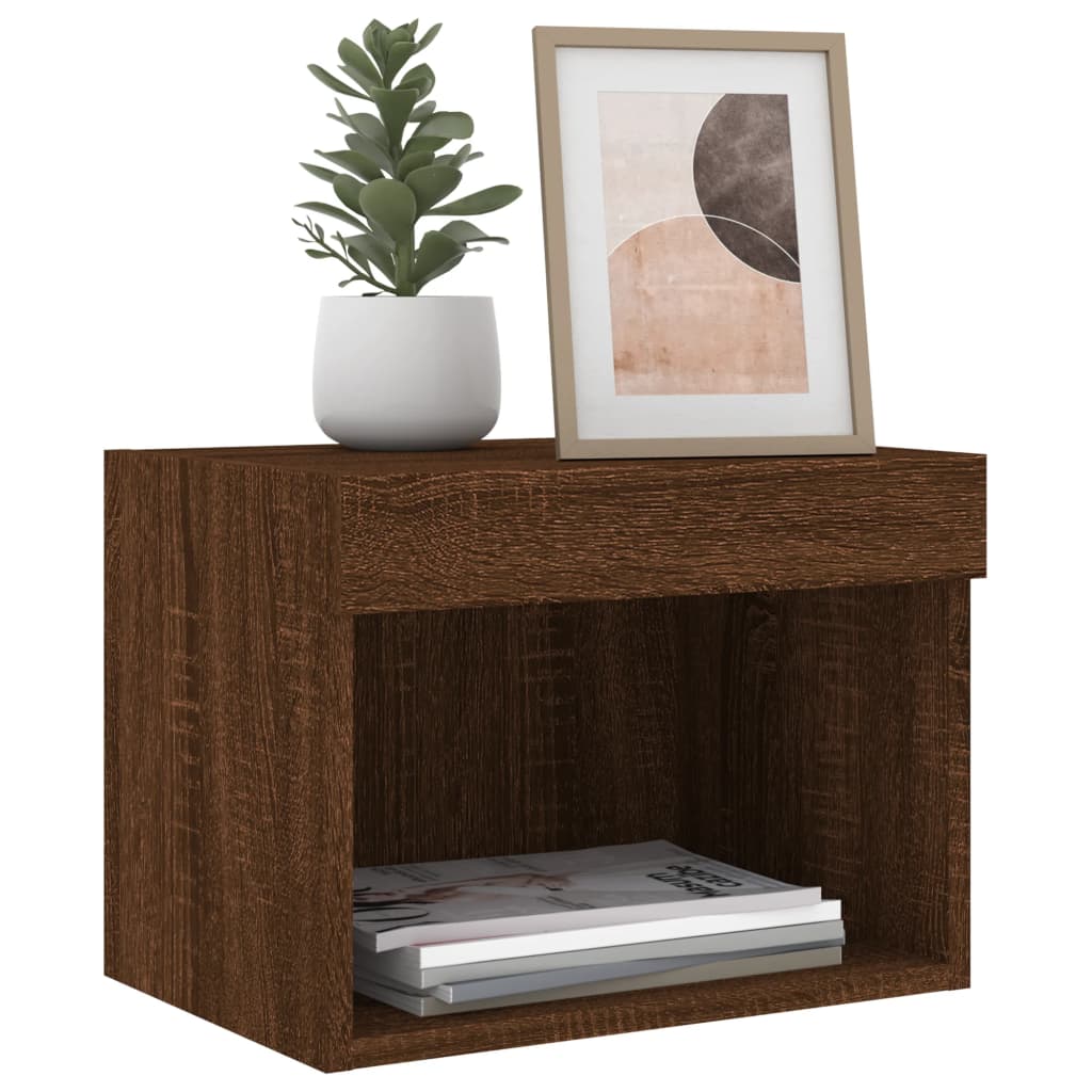 Table de chevet murale avec lumières LED chêne marron