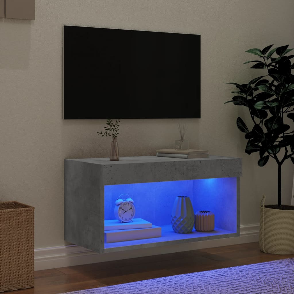 Meuble TV avec lumières LED gris béton 60x30x30 cm