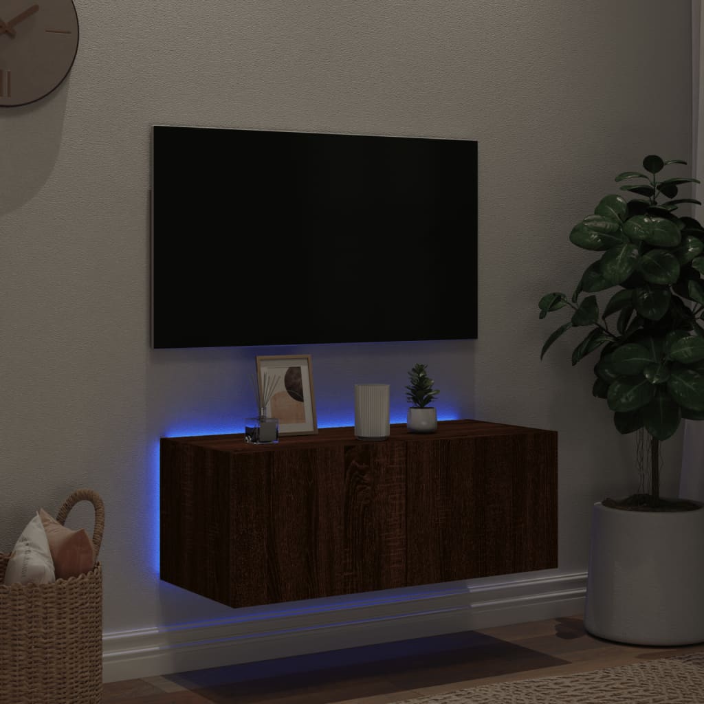 Meuble TV mural avec lumières LED chêne marron 80x35x31 cm