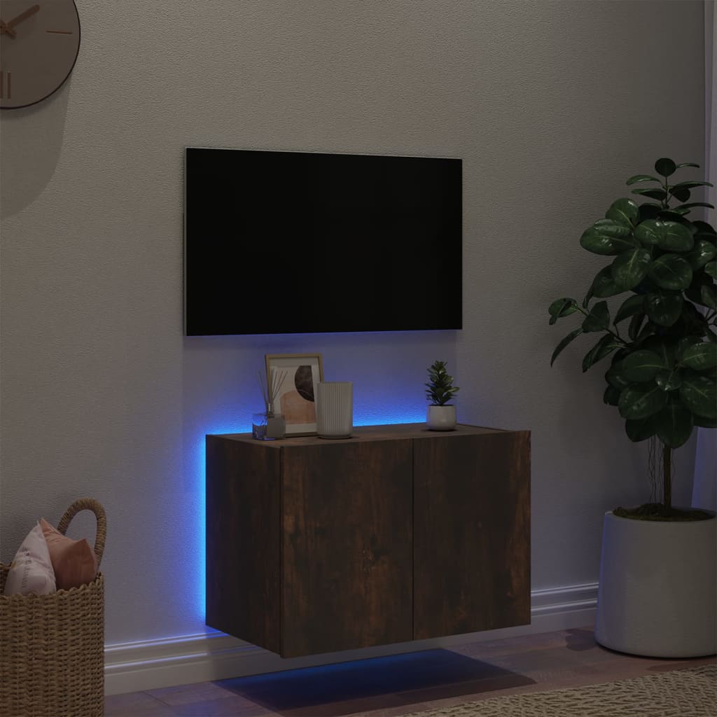 Meuble TV mural avec lumières LED chêne fumé 60x35x41 cm