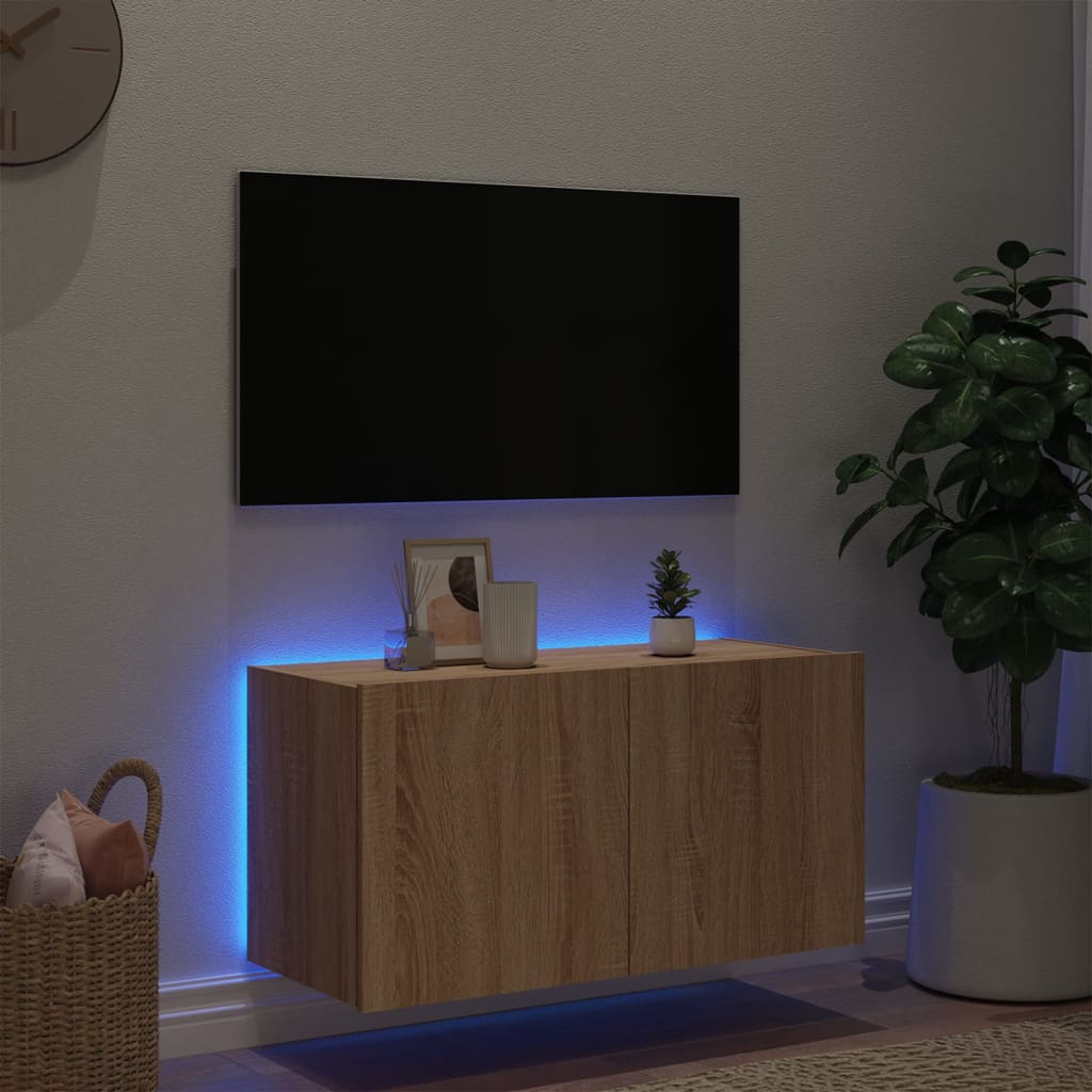 Meuble TV mural avec lumières LED chêne sonoma 80x35x41 cm