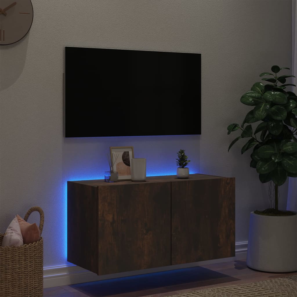 Meuble TV mural avec lumières LED chêne fumé 80x35x41 cm