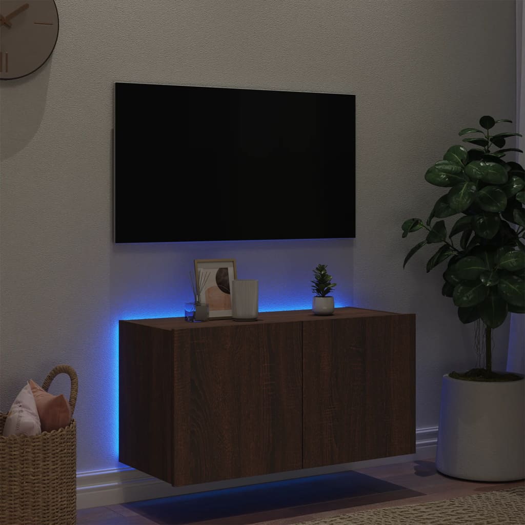 Meuble TV mural avec lumières LED chêne marron 80x35x41 cm