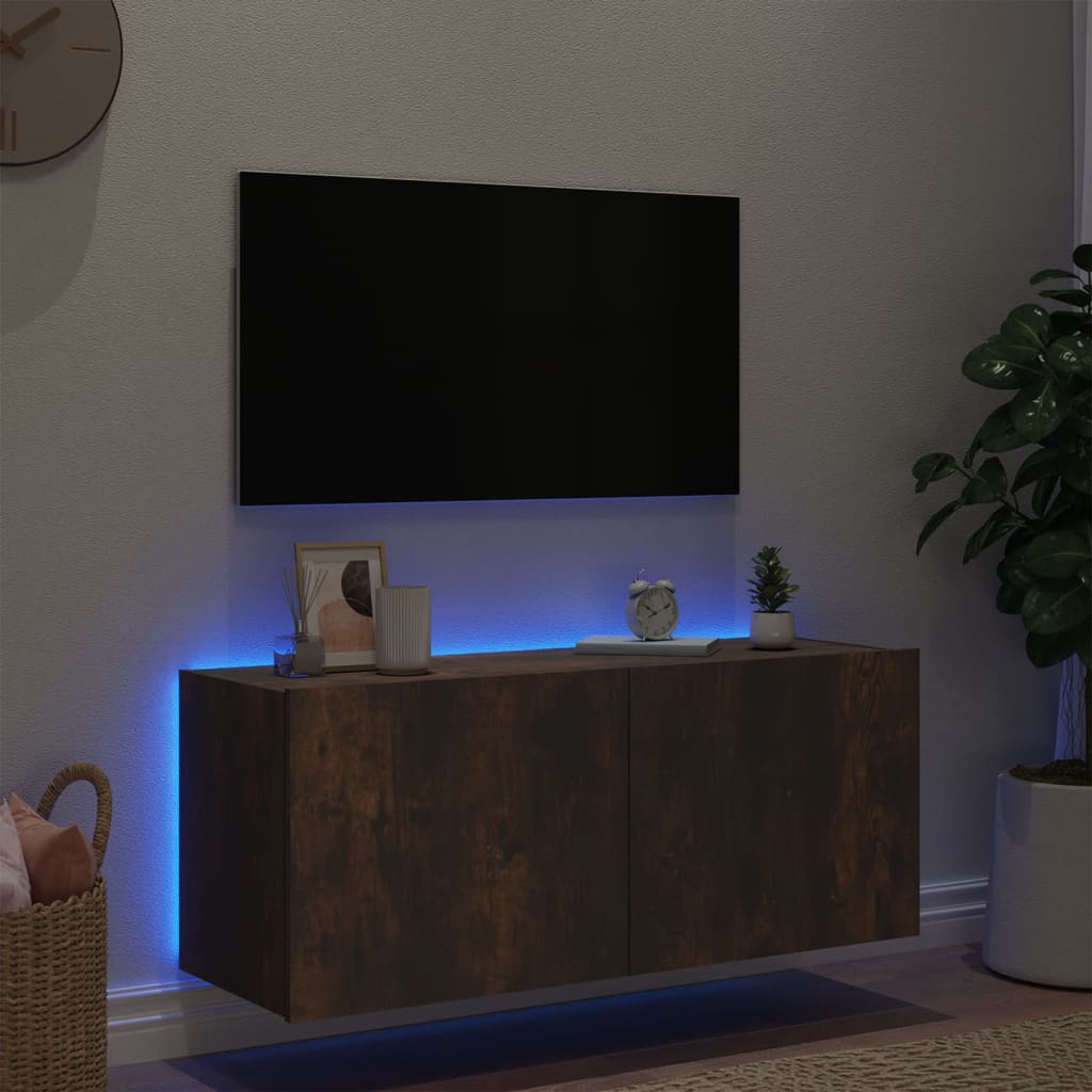 Meuble TV mural avec lumières LED chêne fumé 100x35x41 cm