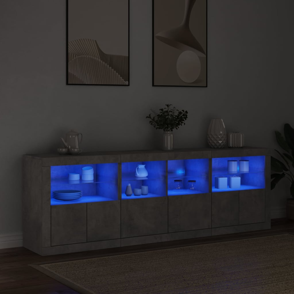 Buffet avec lumières LED gris béton 202x37x67 cm