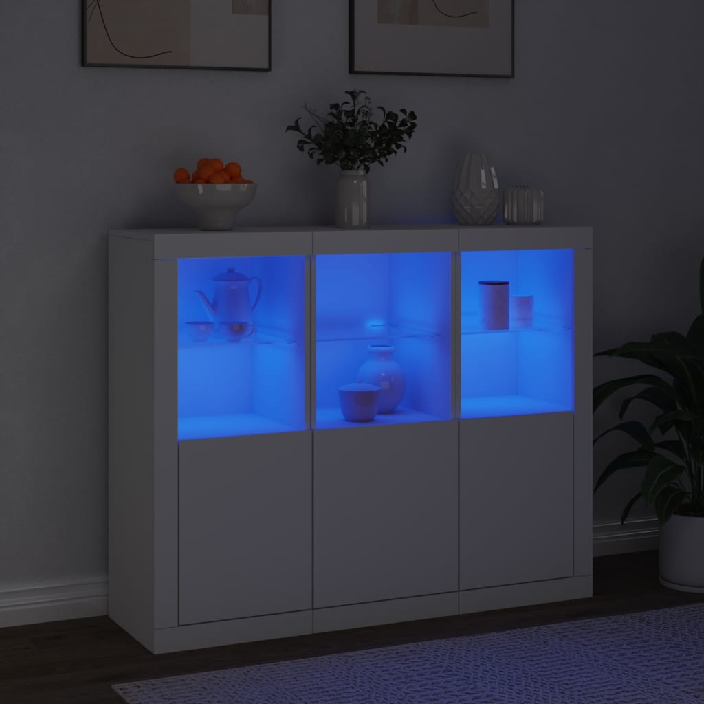 Sideboards mit LED-Beleuchtung, 3 Stück, weißes Holzwerkstoff