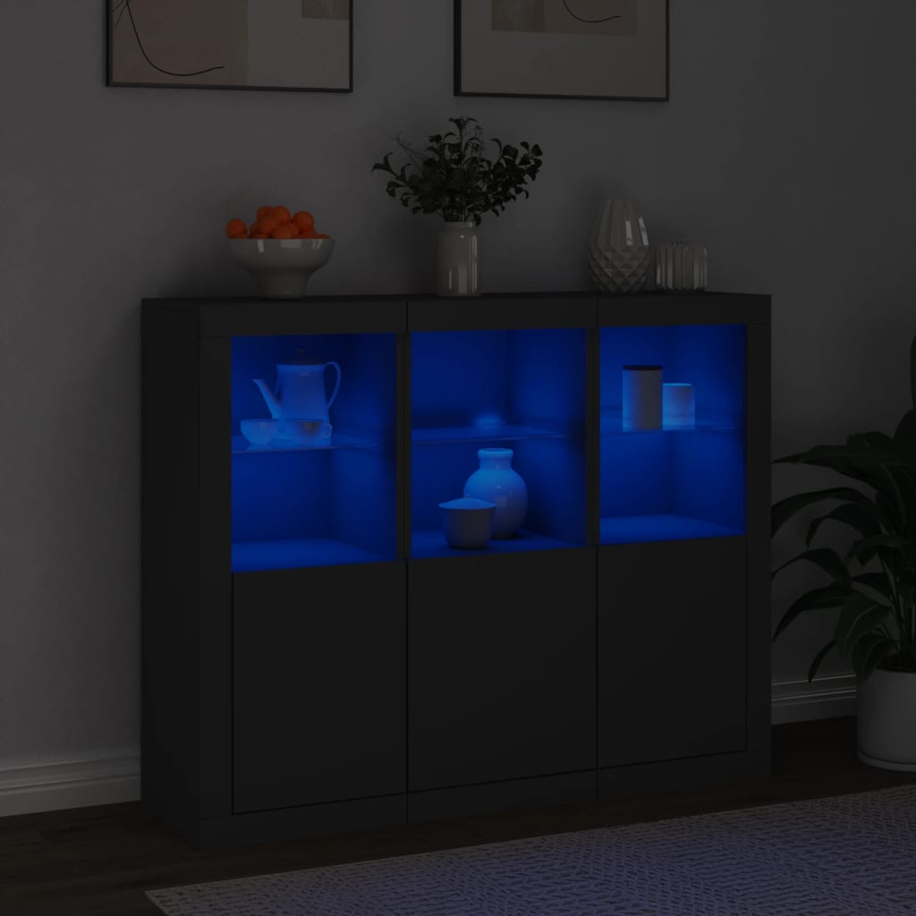 Buffets avec lumières LED 3 pcs noir bois d'ingénierie