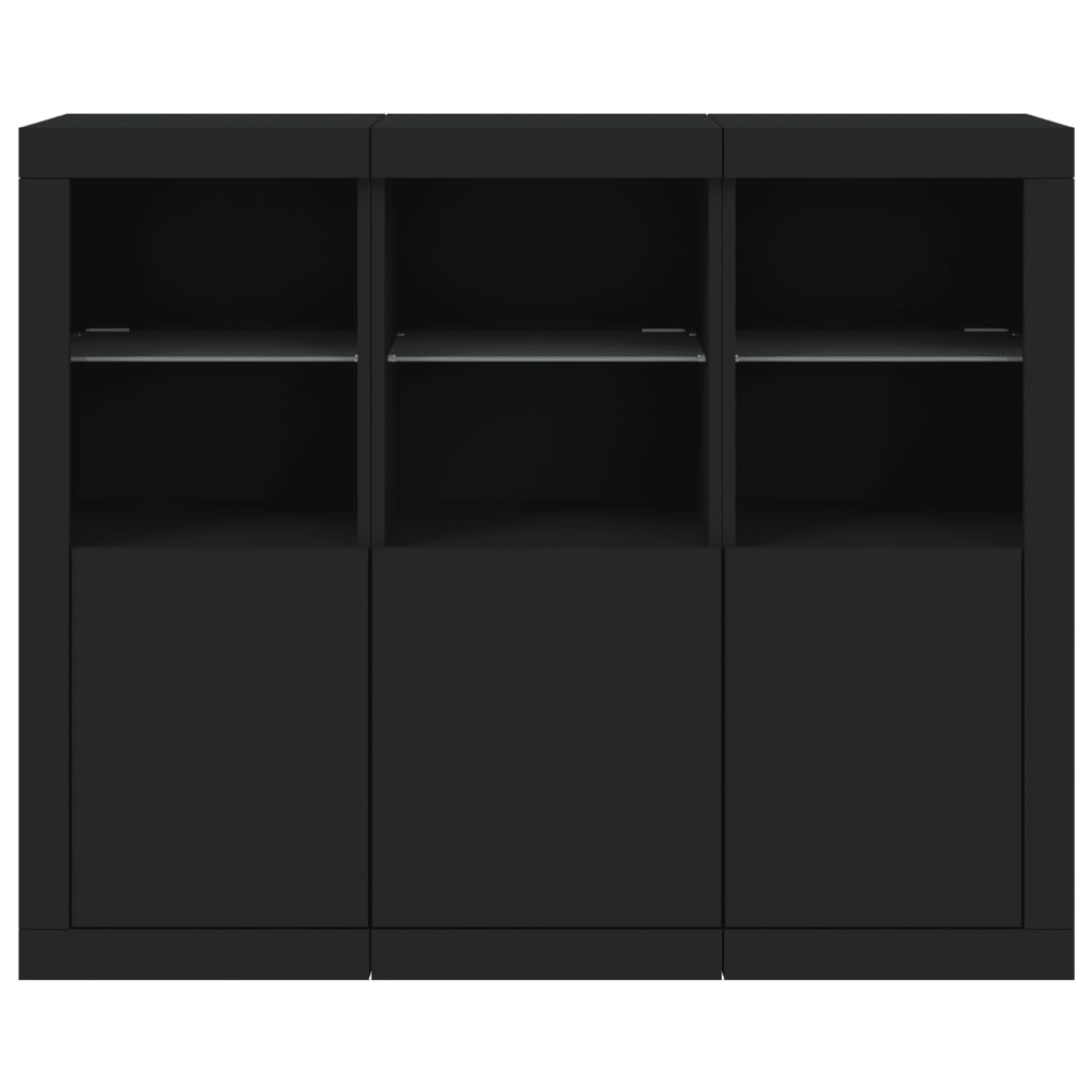 Sideboards with LED lights 3 pcs black engineered wood