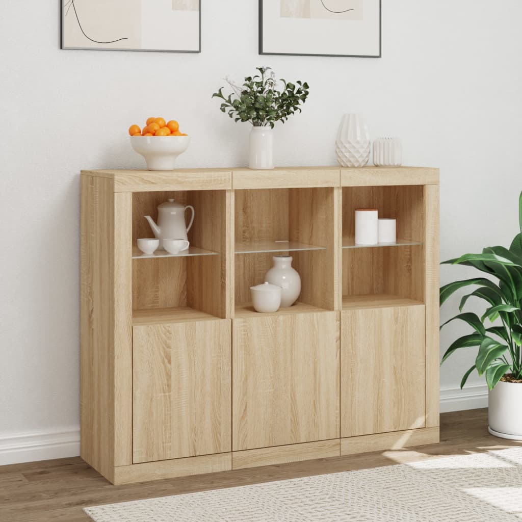 Sideboards mit LED-Beleuchtung, 3-teilig, Sonoma-Eiche, Holzwerkstoff