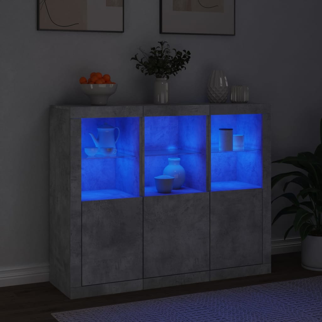 Buffets avec lumières LED 3 pcs gris béton bois d'ingénierie