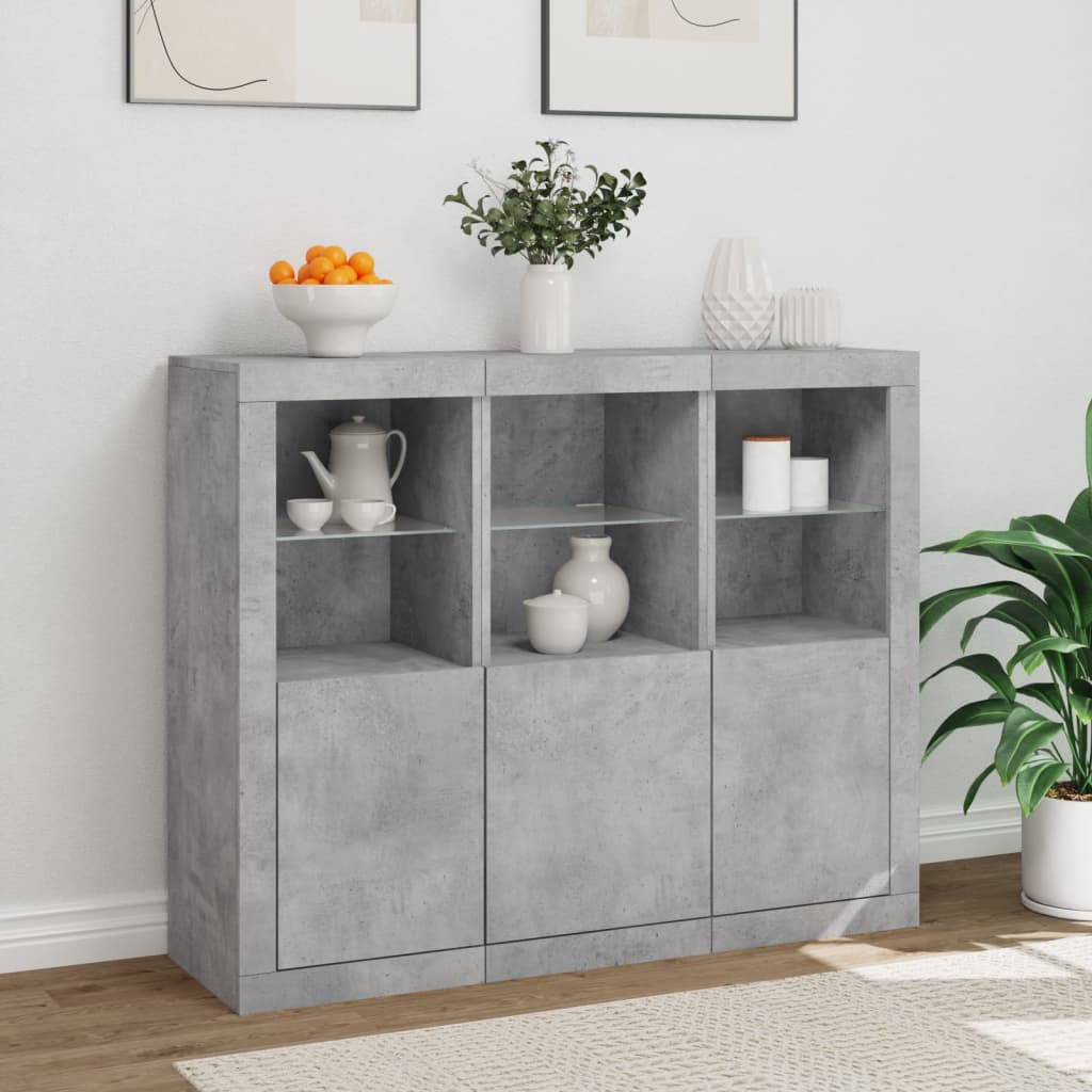 Buffets avec lumières LED 3 pcs gris béton bois d'ingénierie