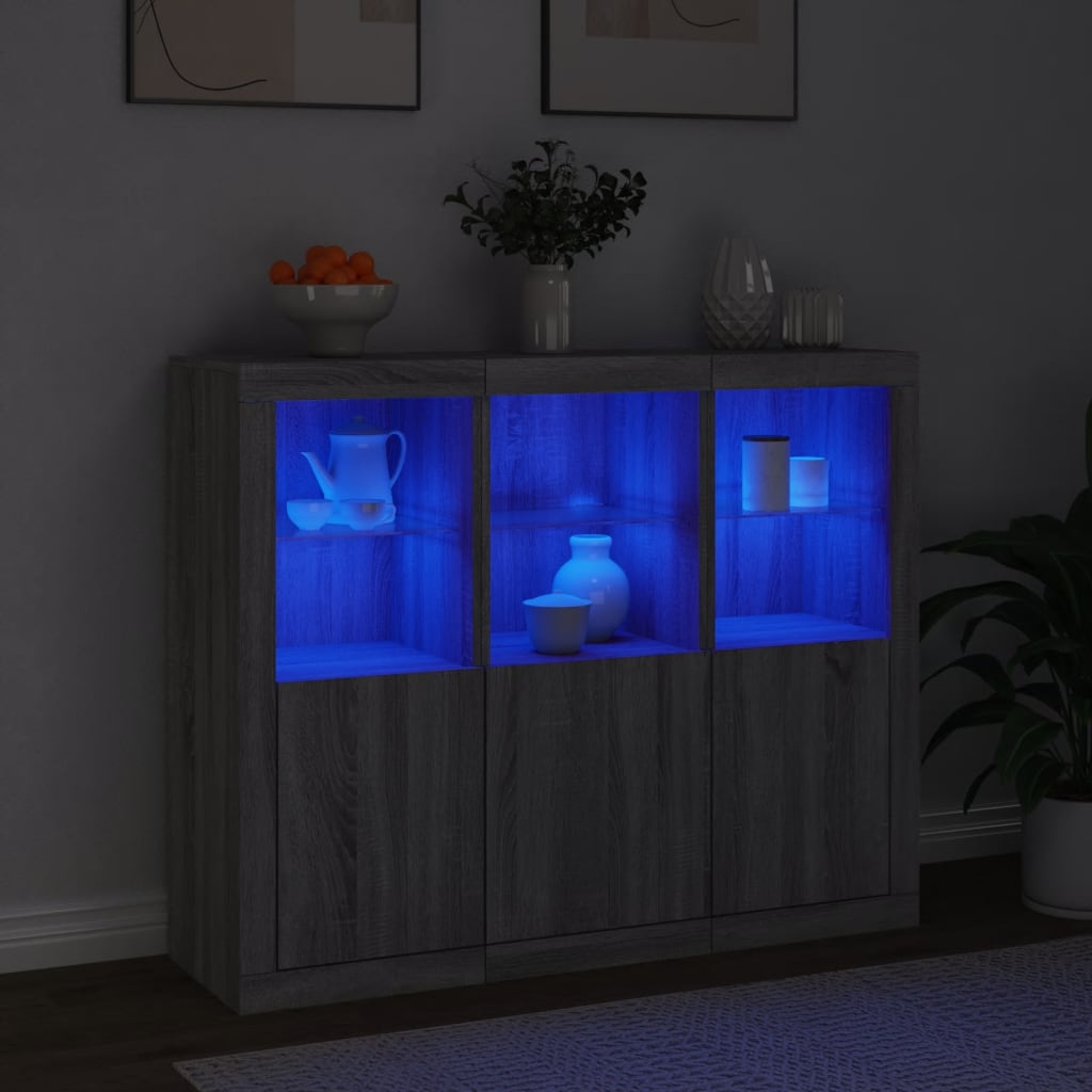 Buffets avec lumières LED 3 pcs sonoma gris bois d'ingénierie