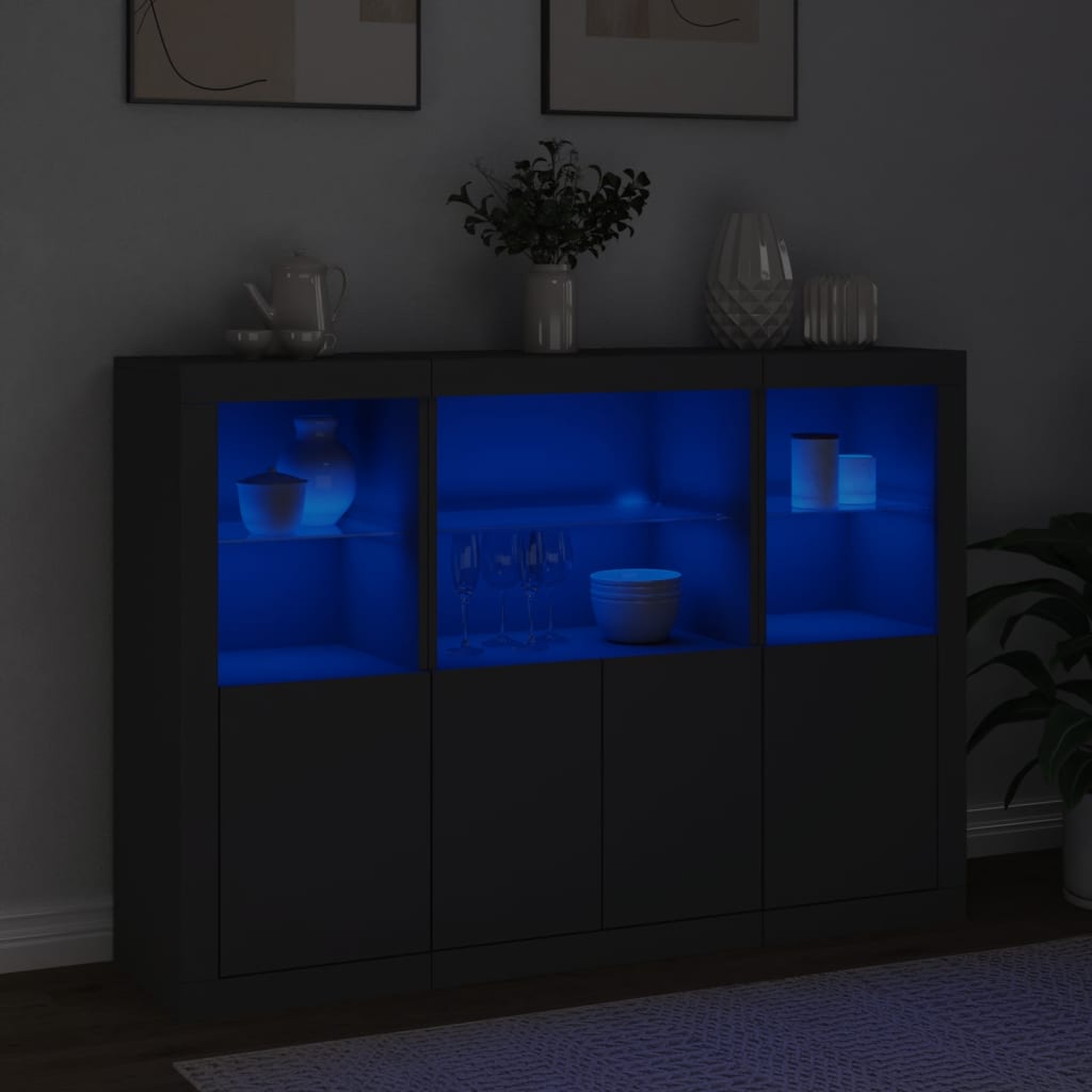 Buffets avec lumières LED 3 pcs noir bois d'ingénierie