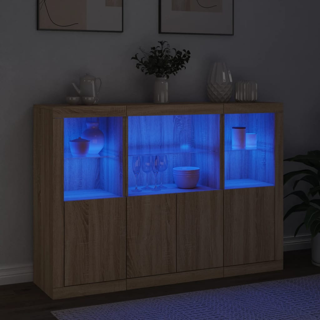 Sideboards mit LED-Beleuchtung, 3-teilig, Sonoma-Eiche, Holzwerkstoff