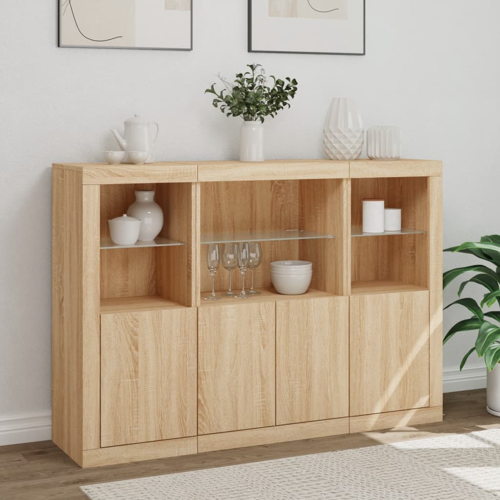 Sideboards mit LED-Beleuchtung, 3-teilig, Sonoma-Eiche, Holzwerkstoff