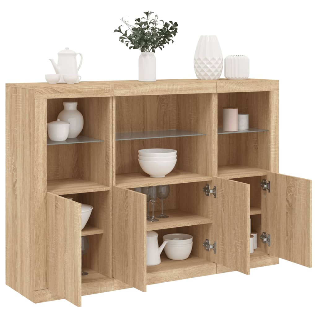 Sideboards mit LED-Beleuchtung, 3-teilig, Sonoma-Eiche, Holzwerkstoff