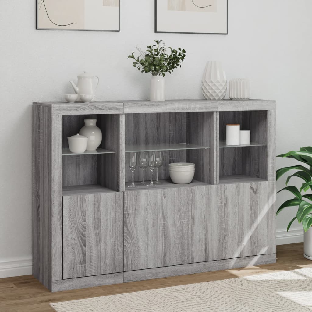 Buffets avec lumières LED 3 pcs sonoma gris bois d'ingénierie