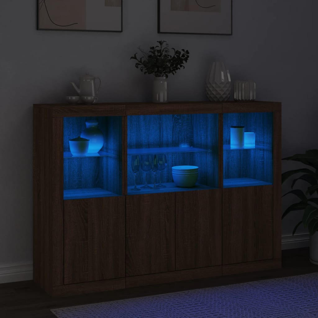 Sideboards mit LED-Leuchten, 3 Stück, braunes Eichenholzwerkstoff