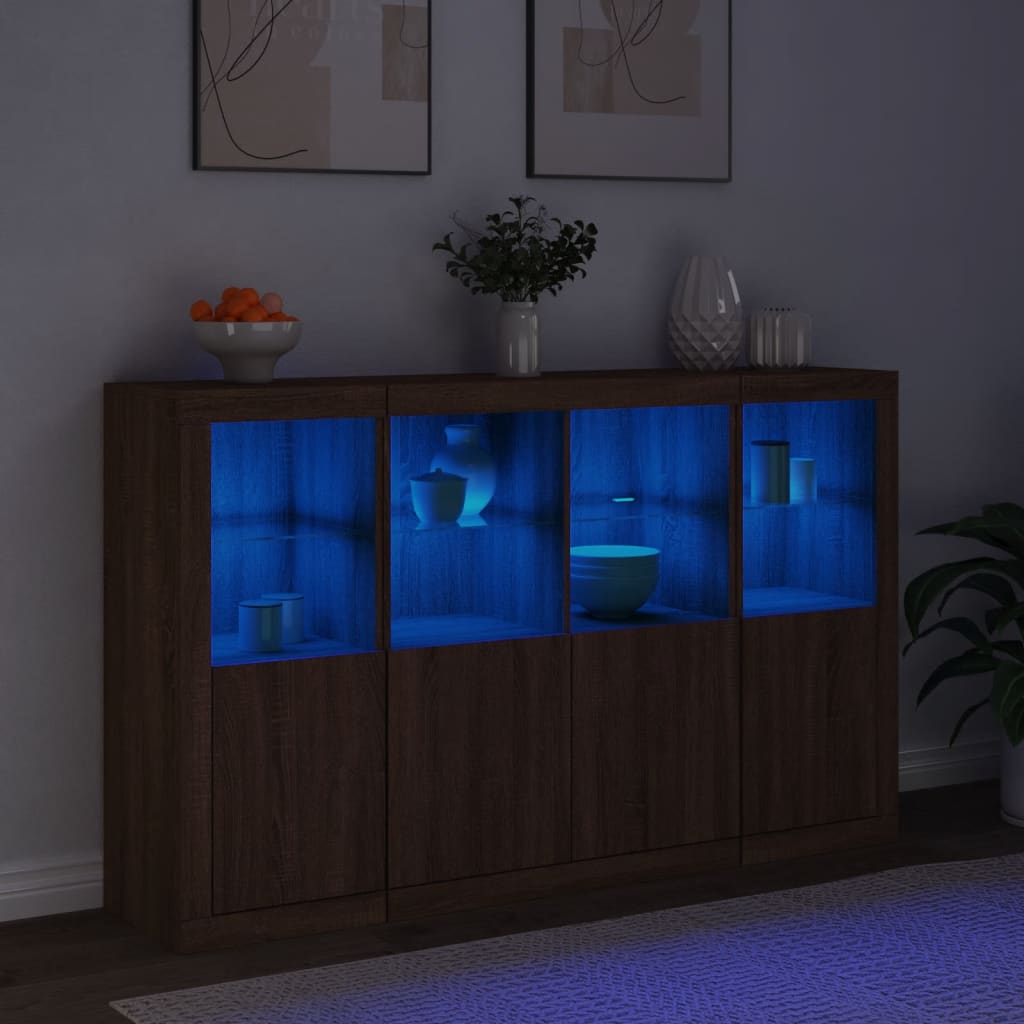 Sideboards mit LED-Leuchten, 3 Stück, braunes Eichenholzwerkstoff