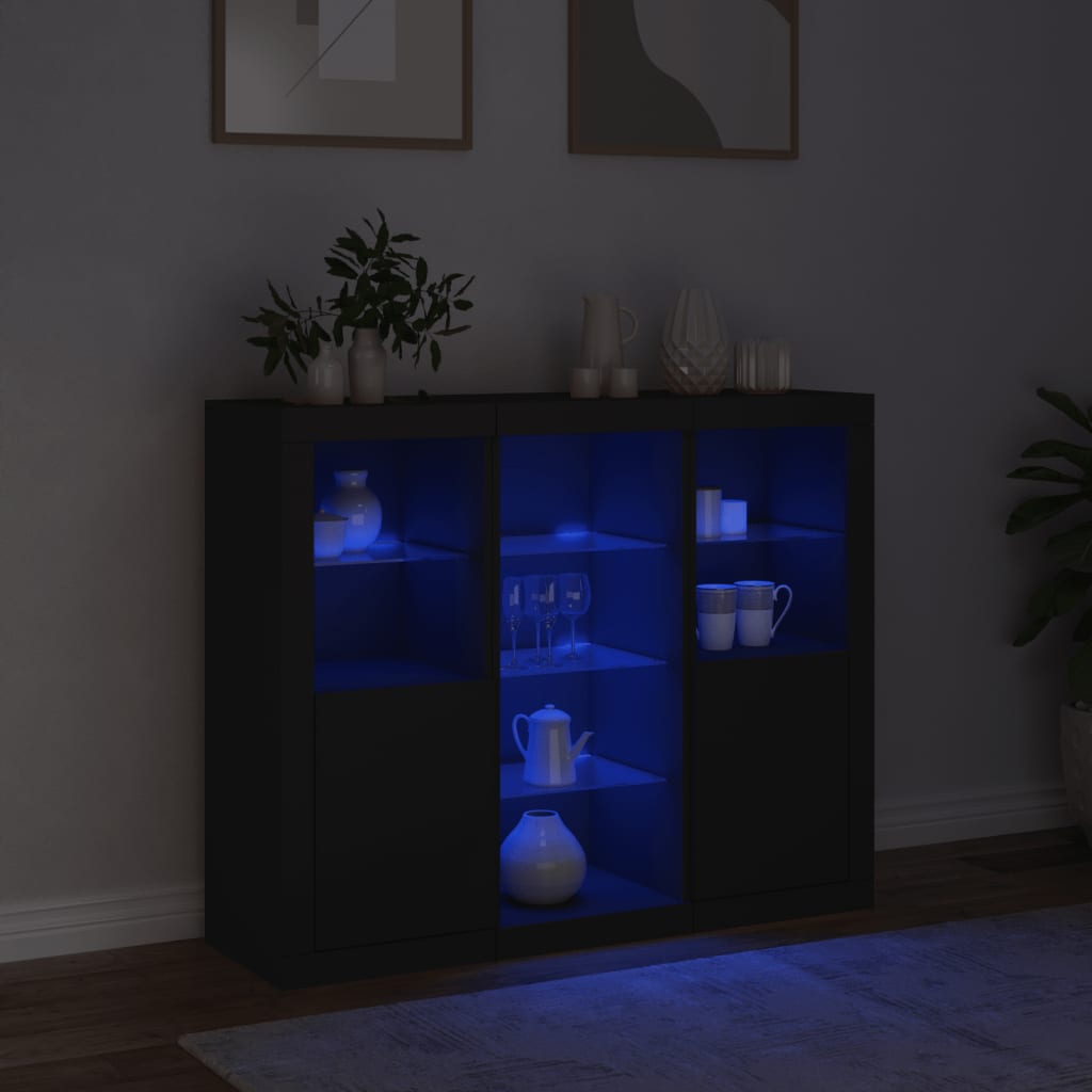 Buffets avec lumières LED 3 pcs noir bois d'ingénierie